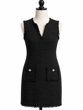 Karl Lagerfeld Black Tweed Fringe Shift Dress / Pearl Button Pockets size 12